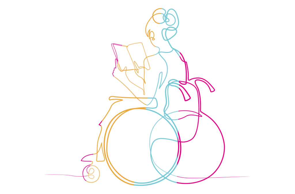 A line illustration of a person in a wheelchair reading a book.