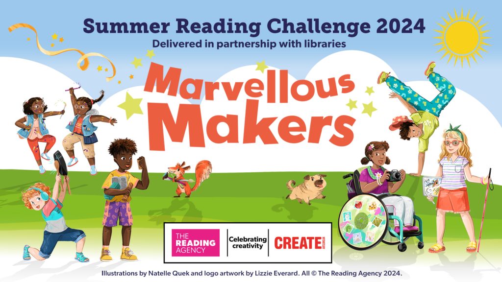 Graphic with illustrated children on grass. Text reads: Summer Reading Challenge 2024 delivered in partnership with libraries - Marvellous Makers.