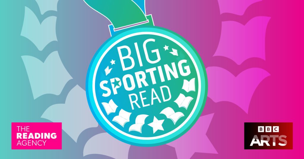 A turquoise medal with the words Big Sporting Read on sits on a blue and pink background with a wreath made of books.