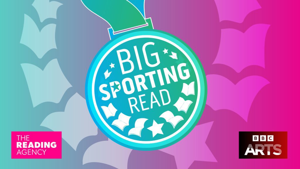 A turquoise and pink graphic with a medal that reads 'Big Sporting Read'. On the medal there are books.