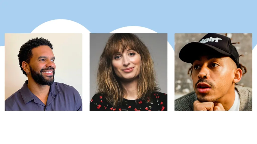 Three headshorts of Alex Wharton in a blue hsirt, Isy Suttie in a red and black shirt and Jordan Stephens in a black basebcall cap on a cloudy bakground