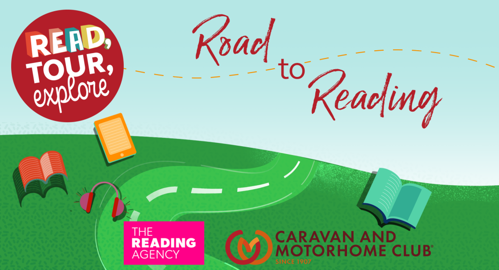 A blue sky and green green land with a road through the middle. Text in the sky reads 'Read, Tour, Explore, Road to Reading.' Images of books, an e-reader and headphones float above the road. 